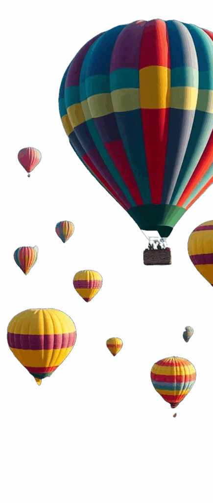 Colorful hot air balloons floating in the sky, showcasing various patterns and designs, creating a vibrant and picturesque scene.