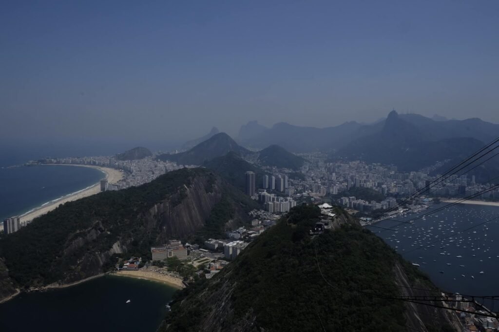 Aerial view of Rio de Janeiro showcasing iconic mountains, Sugarloaf Mountain, and the coastline along Copacabana Beach, under a clear blue sky.