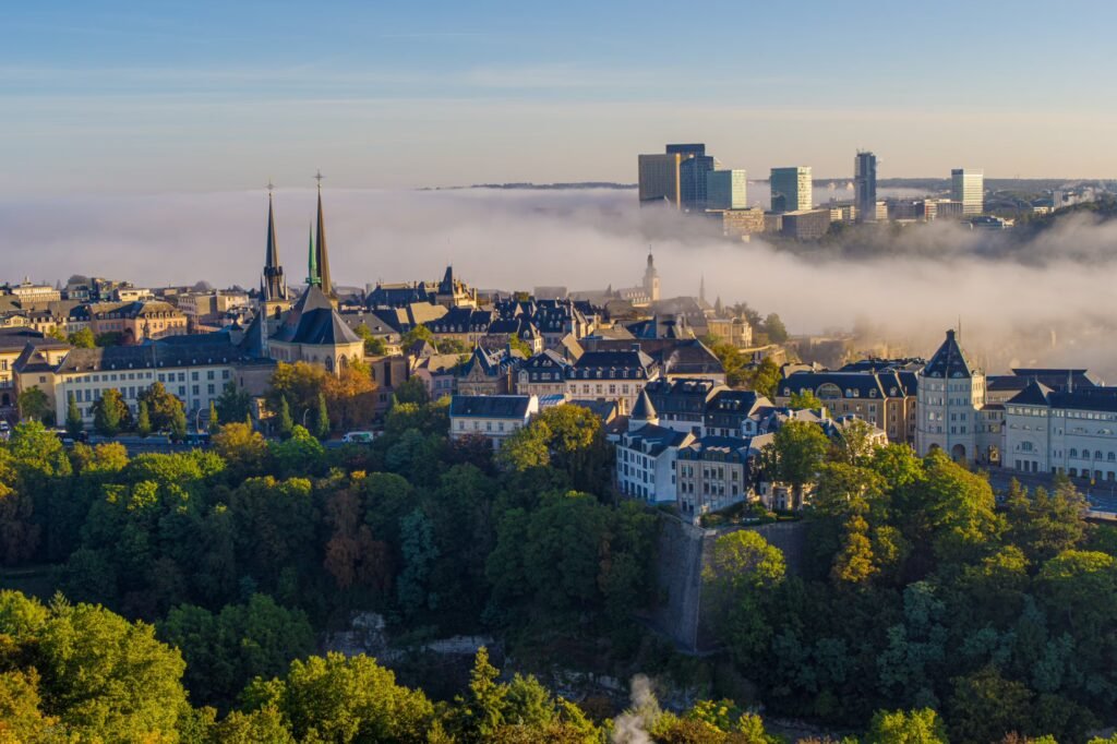 Aerial view of a city with modern skyscrapers and historic buildings, surrounded by lush greenery and fog, showcasing a blend of urban and natural landscapes.