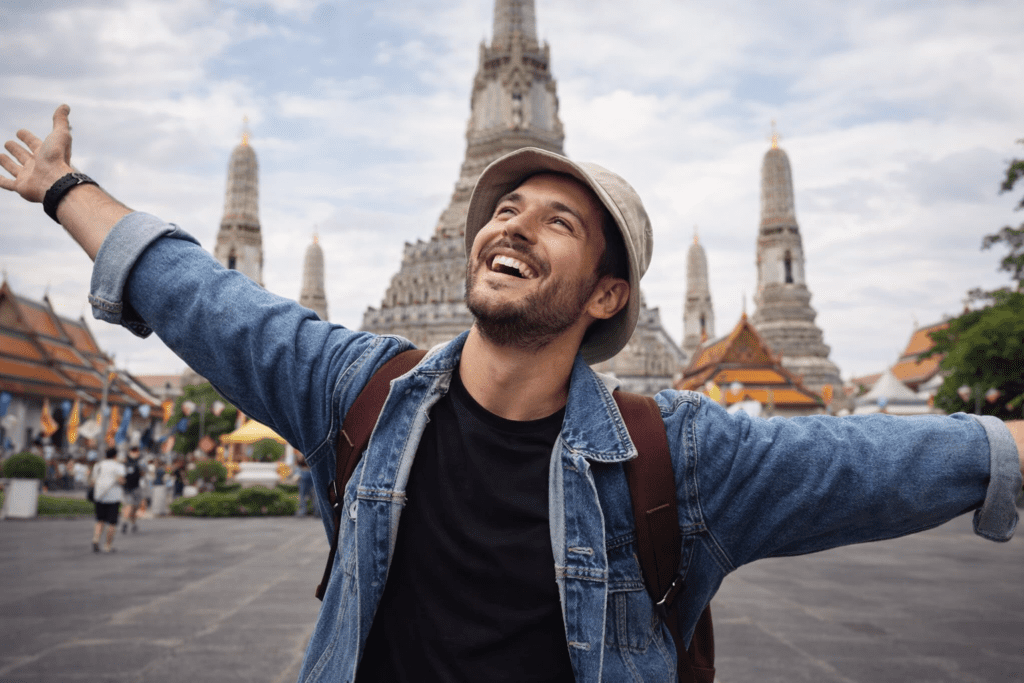 Smiling traveler with arms outstretched in front of a temple complex in Thailand, showcasing joy and excitement during an adventure.