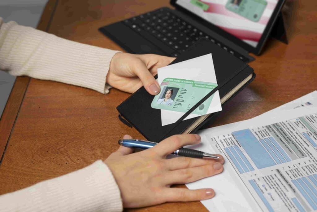 Person holding an ID card and a letter while sitting at a desk with a laptop and documents, emphasizing identity verification and paperwork management.