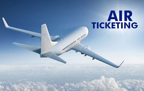Airplane flying above the clouds with the text "Air Tickets" highlighting travel options and booking services.