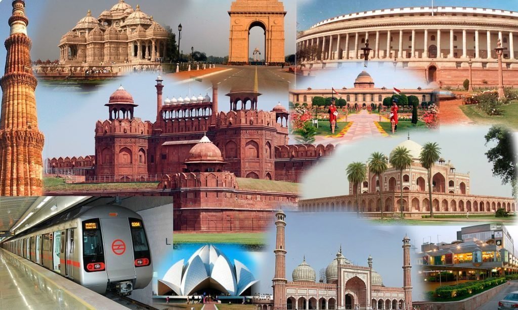 Collage of iconic landmarks in India, including India Gate, Red Fort, Parliament House, Lotus Temple, and Taj Mahal, showcasing the country's rich architectural heritage and cultural significance.