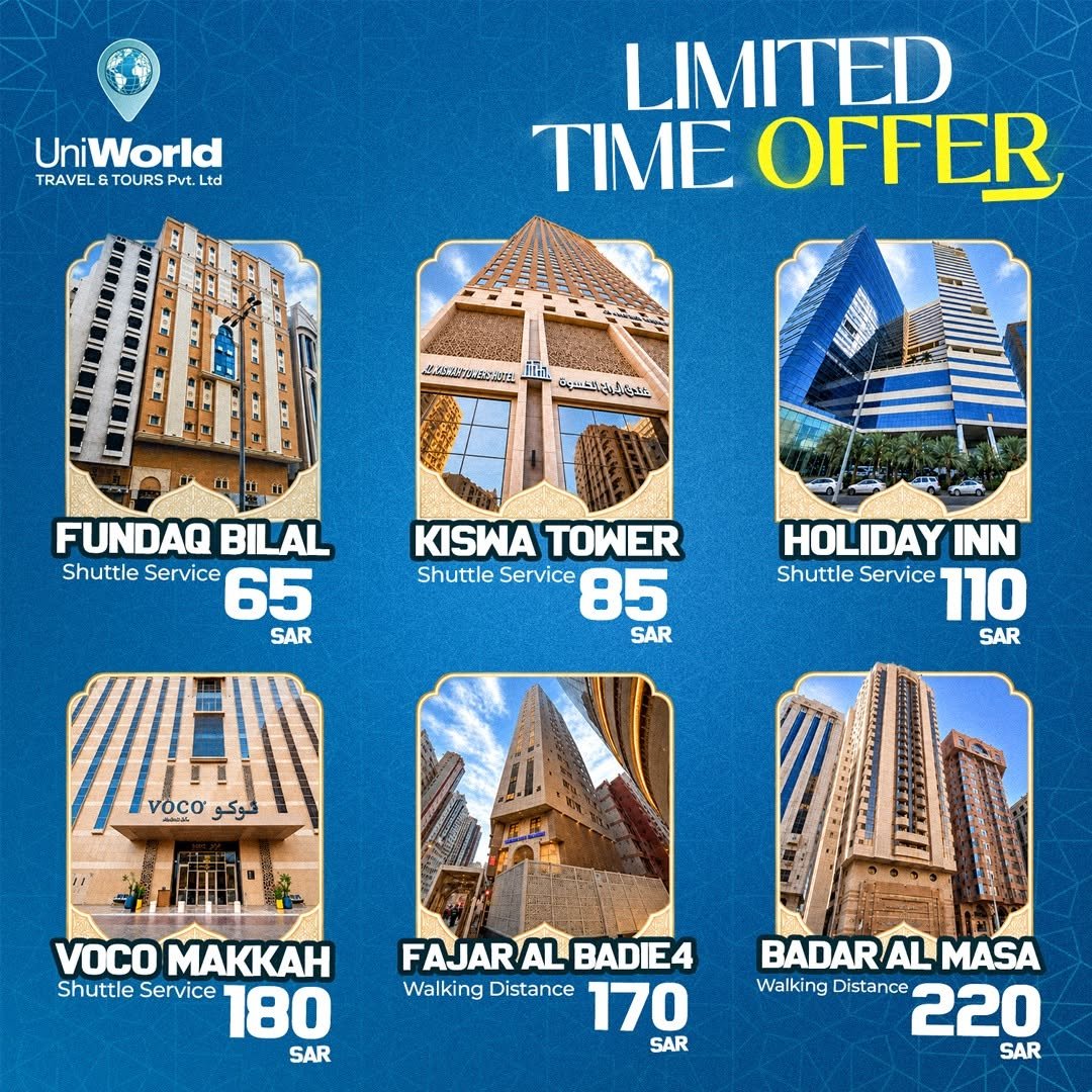 Promotional graphic showcasing limited-time offers for hotels in Makkah, including Fundaq Bilal (65 SAR with shuttle service), Kiswa Tower (85 SAR with shuttle service), Holiday Inn (110 SAR with shuttle service), Voco Makkah (180 SAR with shuttle service), Fajar Al Badie (170 SAR walking distance), and Badar Al Masa (220 SAR walking distance).