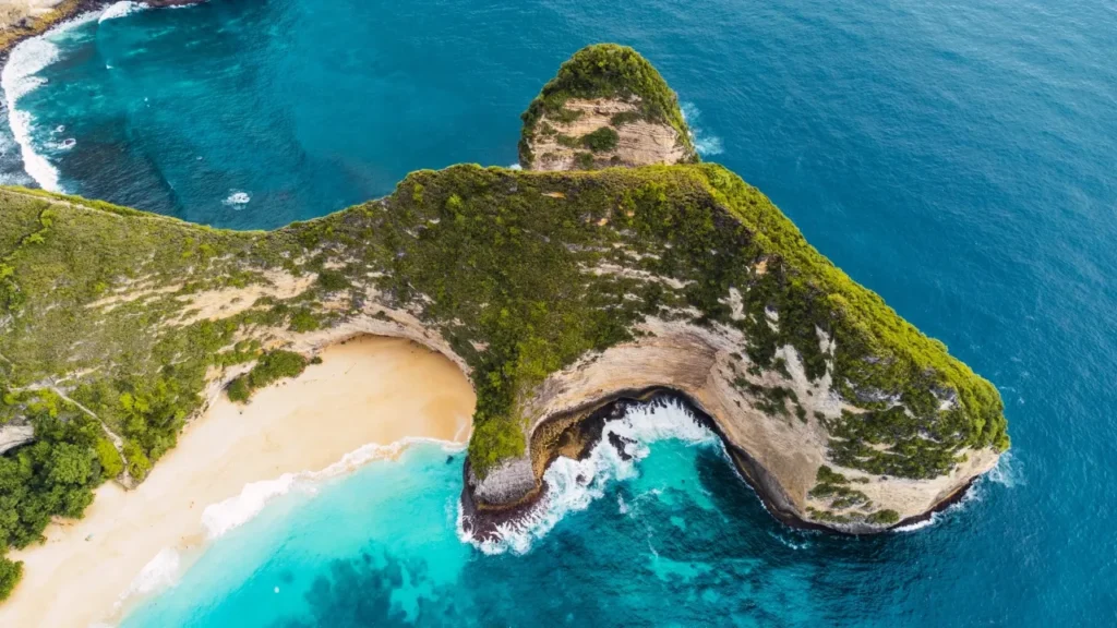 Aerial view of a picturesque coastline featuring a unique rock formation resembling a giant fish, surrounded by turquoise waters and a sandy beach, highlighting the natural beauty of the landscape.