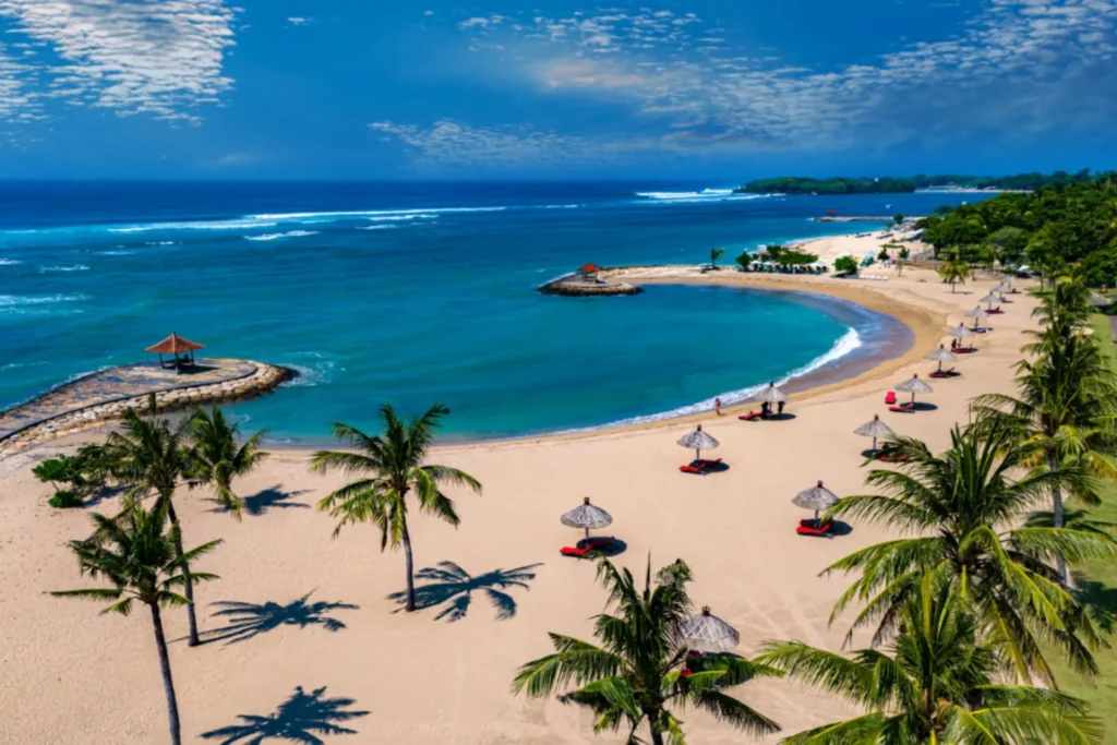 Aerial view of a tropical beach featuring golden sand, palm trees, and thatched umbrellas. The clear blue ocean extends to the horizon, with gentle waves lapping at the shore, creating a serene and inviting atmosphere. Ideal for vacation and relaxation.