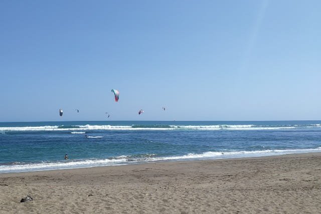 Kitesurfers enjoying a sunny day at the beach with waves crashing on the shore, showcasing vibrant kites in the sky over a clear blue ocean.