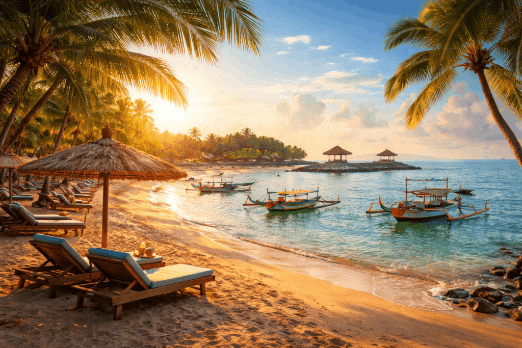 Tropical beach at sunset featuring palm trees, lounge chairs, thatched umbrellas, and traditional fishing boats on calm waters, creating a serene vacation atmosphere.