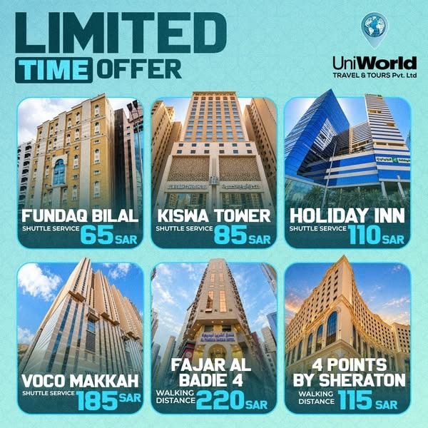 Image showcasing a limited time Umrah package offer featuring six hotels: Fundaq Bilal (65 SAR with shuttle service), Kiswa Tower (85 SAR with shuttle service), Holiday Inn (110 SAR with shuttle service), Voco Makkah (185 SAR with shuttle service), Fajar Al Badie 4 (220 SAR within walking distance), and 4 Points by Sheraton (115 SAR within walking distance).