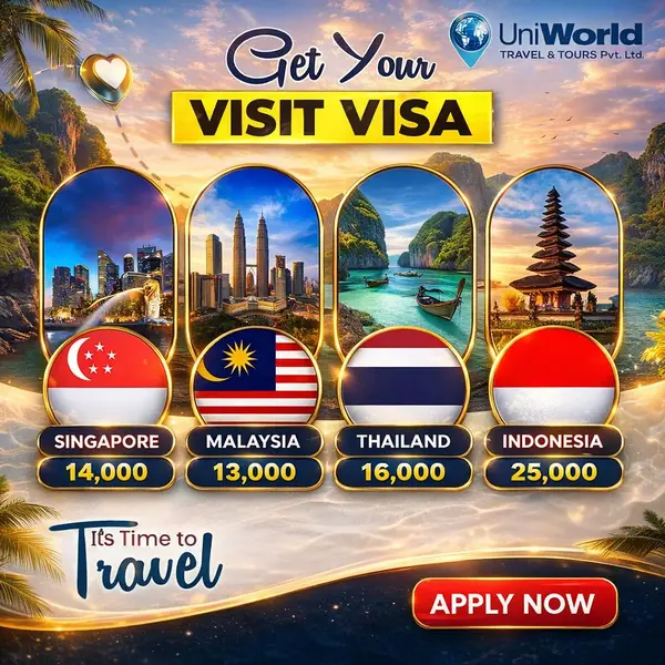 Colorful promotional graphic for UniWorld Travel showcasing visit visa options for Singapore, Malaysia, Thailand, and Indonesia with respective prices. Features scenic imagery and travel-themed design elements.