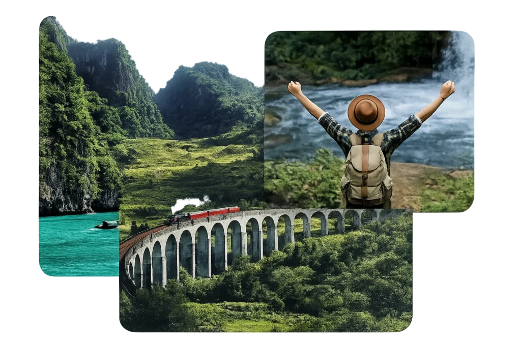 A scenic landscape featuring lush green mountains, a turquoise river, and a historic viaduct with a red train passing over it. In the foreground, a traveler in a plaid shirt and hat raises their arms in excitement, celebrating the beauty of nature and adventure.