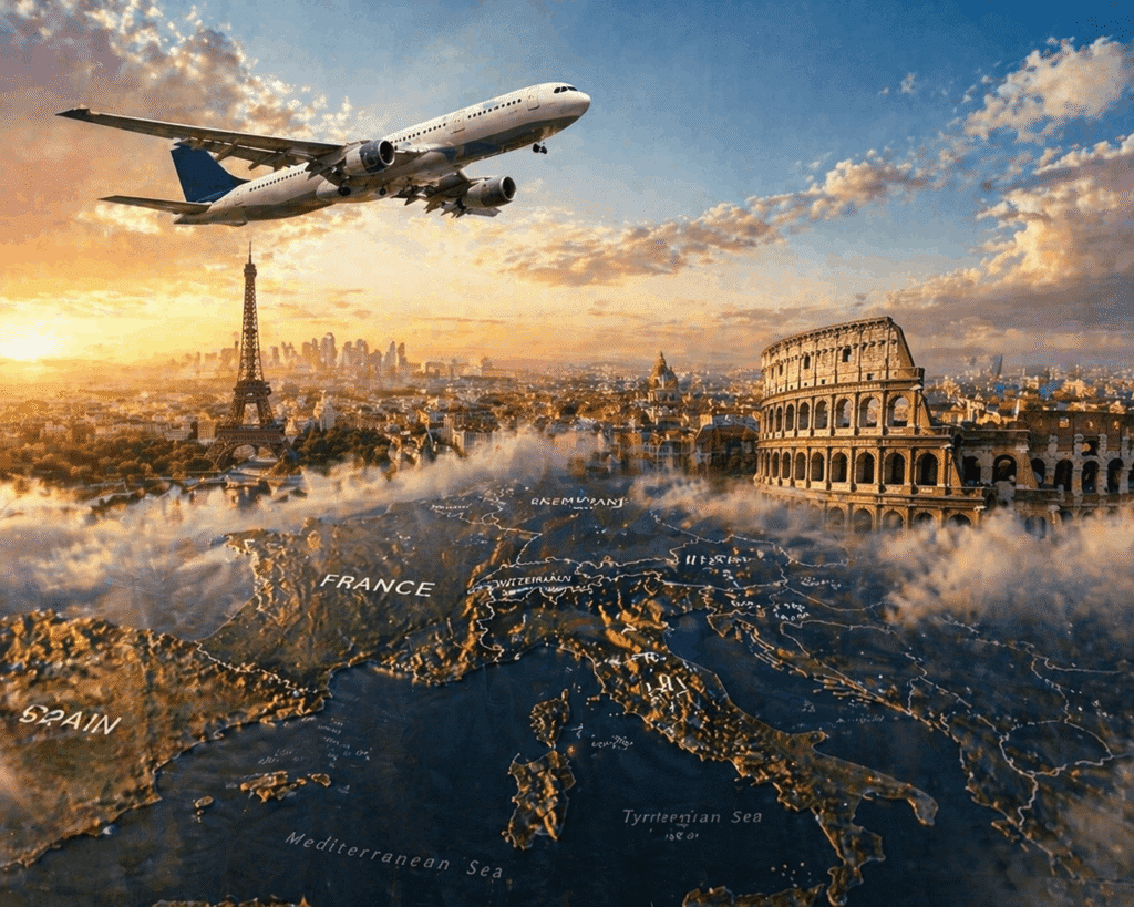 Aerial view of iconic European landmarks including the Eiffel Tower in Paris and the Colosseum in Rome, with an airplane flying above a stylized map of Europe highlighting countries like France and Spain, set against a vibrant sunset sky.