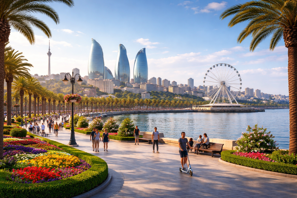 Scenic view of Baku's waterfront promenade featuring vibrant flower gardens, palm trees, and the iconic Flame Towers in the background, with people walking and enjoying the day, including a man riding a scooter and a Ferris wheel visible along the shoreline.