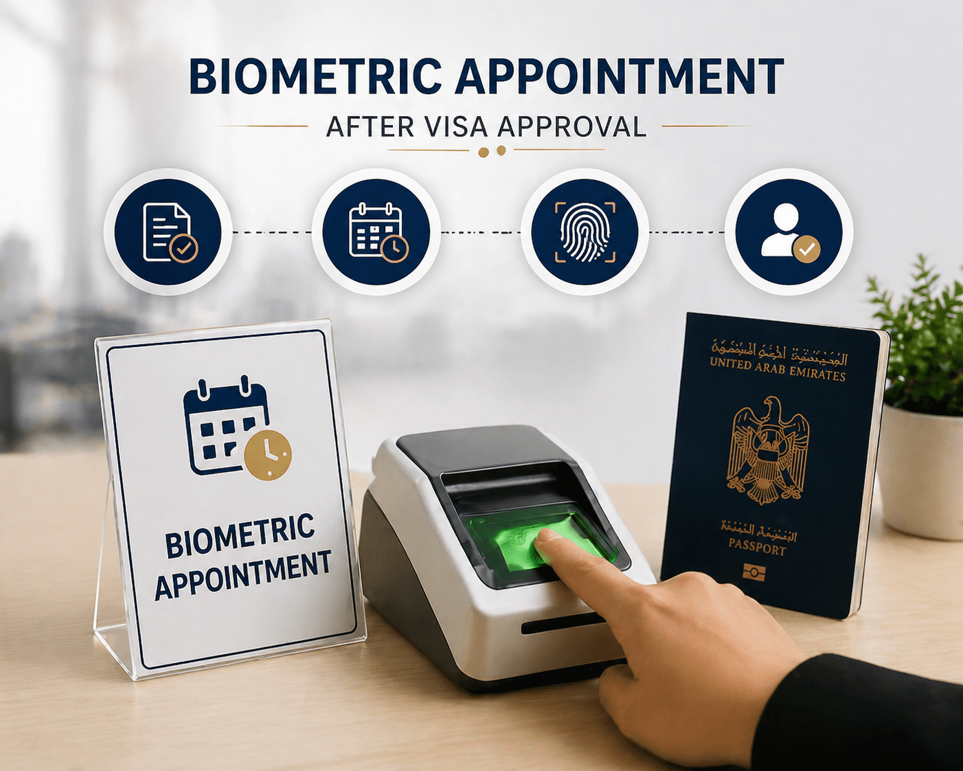 Biometric appointment process for visa approval, featuring a fingerprint scanner and a UAE passport on a table, with a sign indicating "Biometric Appointment."