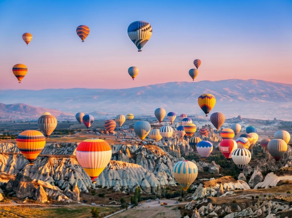 Colorful hot air balloons soaring over the unique rock formations of Cappadocia, Turkey, during sunrise, creating a breathtaking landscape filled with vibrant colors and serene beauty.