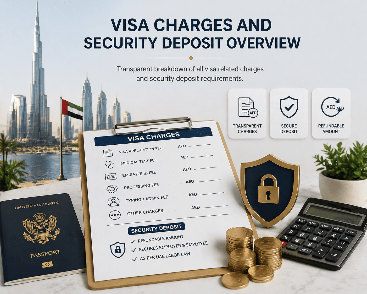 Overview of visa charges and security deposit requirements, featuring a clipboard with a breakdown of fees, a UAE passport, coins, and a calculator. The image highlights the importance of transparent charges, secure deposits, and refundable amounts for visa applications.