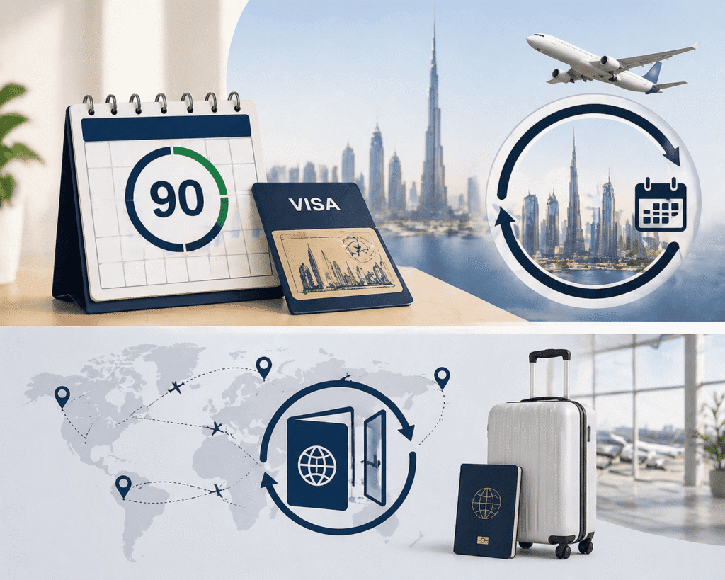 Image depicting travel essentials including a calendar marked with "90," a visa card, and a suitcase, set against a backdrop of a city skyline and airplane. The design emphasizes travel planning, visa requirements, and global exploration.
