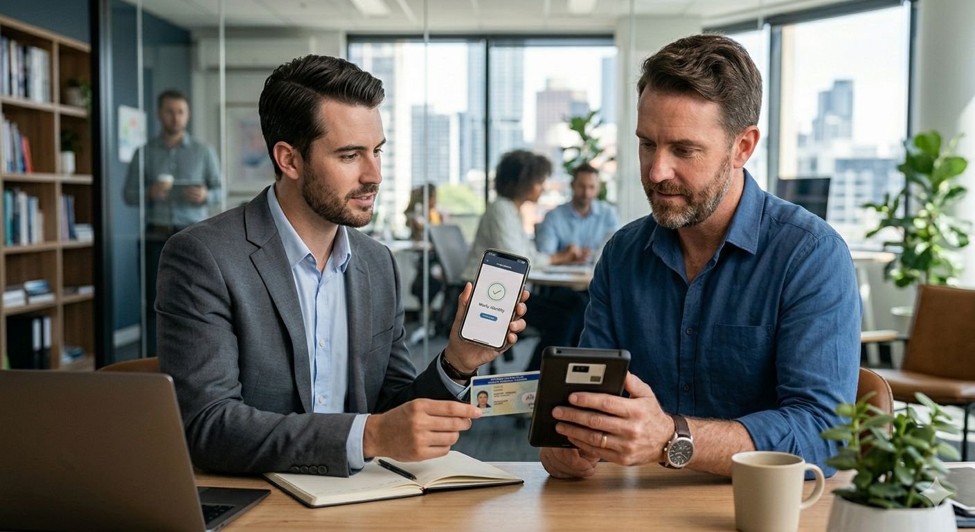 Two professionals in a modern office setting are discussing identity verification. One man in a suit shows a smartphone displaying a verification checkmark, while the other holds an ID card. A laptop, notebook, and coffee cup are on the table, with colleagues visible in the background.