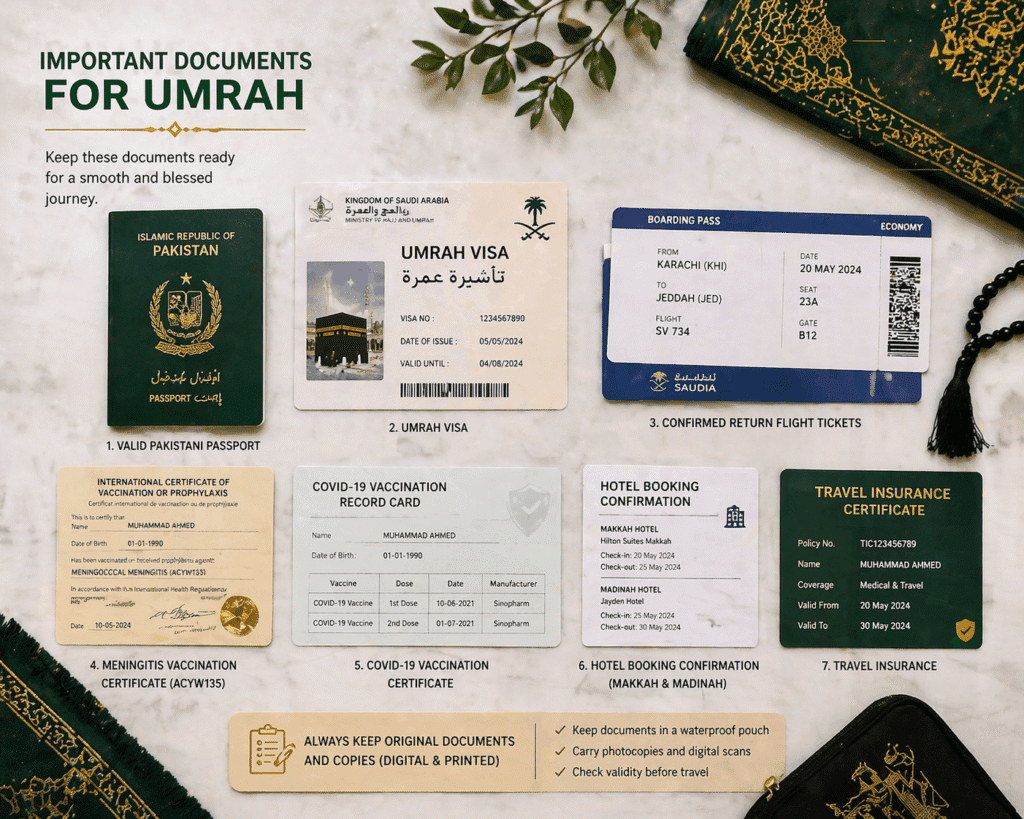 A flat lay of important documents for Umrah, including a Pakistani passport, Umrah visa, boarding pass from Karachi to Jeddah, COVID-19 vaccination record, meningitis vaccination certificate, hotel booking confirmations for Makkah and Madinah, and a travel insurance certificate, arranged on a marble surface with decorative fabric.