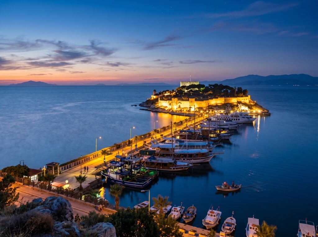 A picturesque view of a coastal harbor at sunset, featuring a marina filled with boats and yachts, a well-lit pier, and a historic castle on a nearby hill, all set against a serene sea and distant mountains. Kuşadası 
