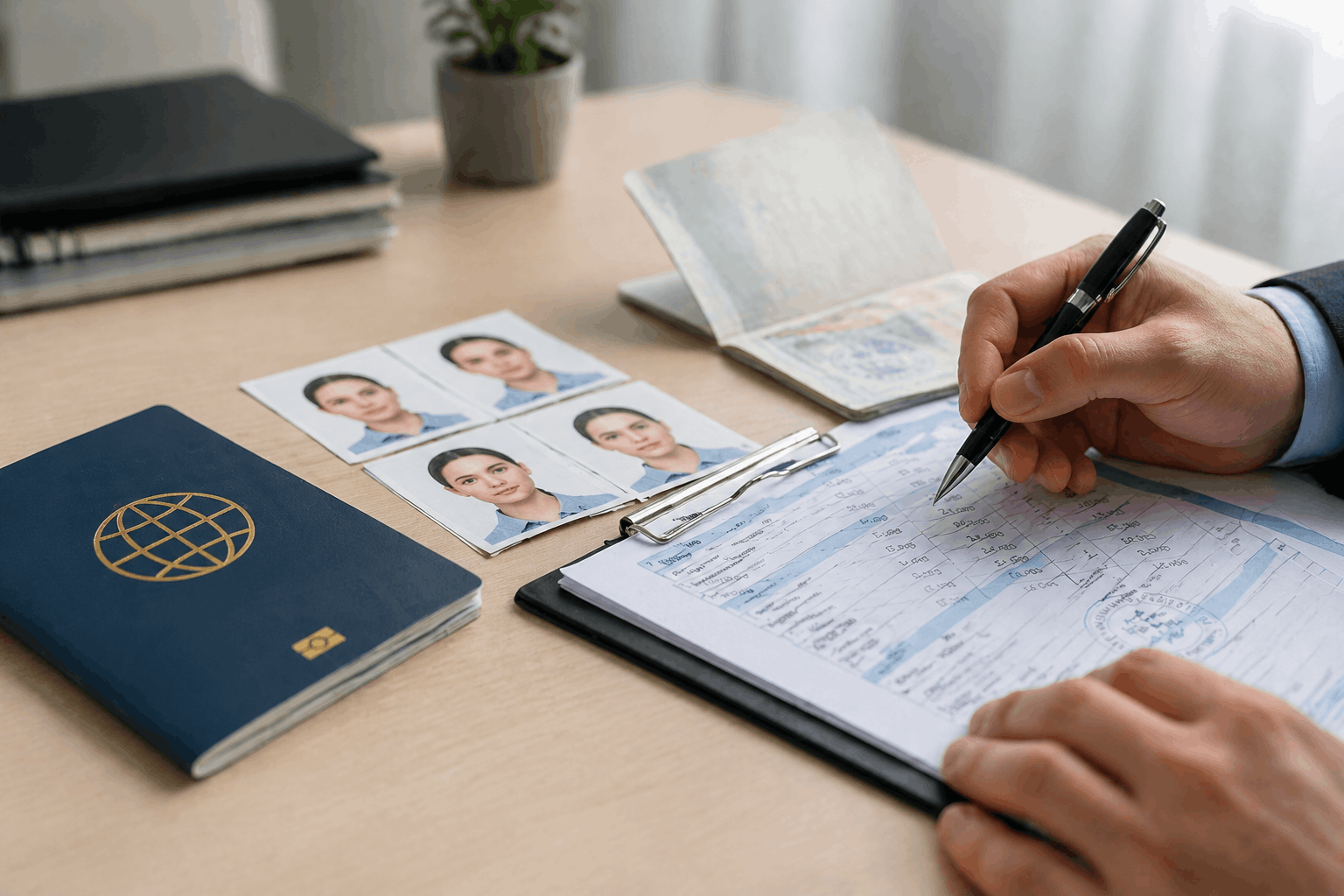 Person filling out a form with a pen, surrounded by a passport, photo ID prints, and a clipboard on a wooden desk, representing travel documentation and application processes.