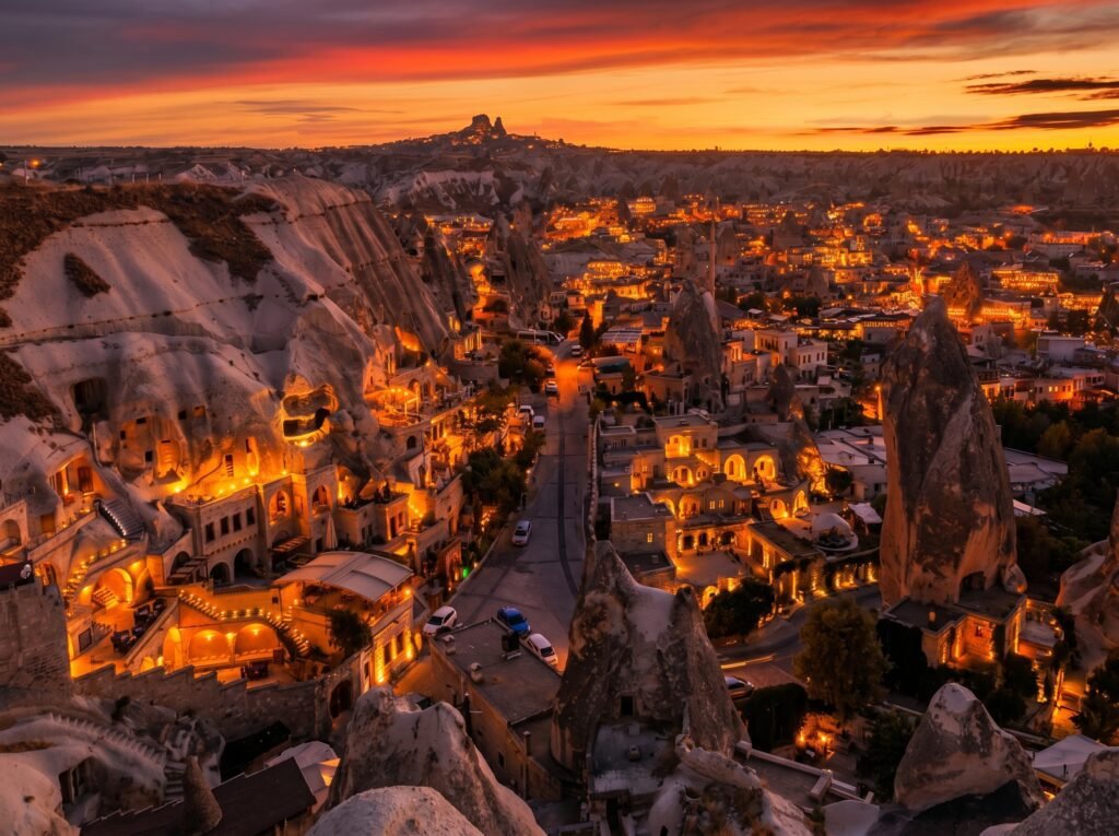 Cappadocia sunset view showcasing illuminated cave dwellings and rock formations, with a winding street and vibrant sky colors. Göreme