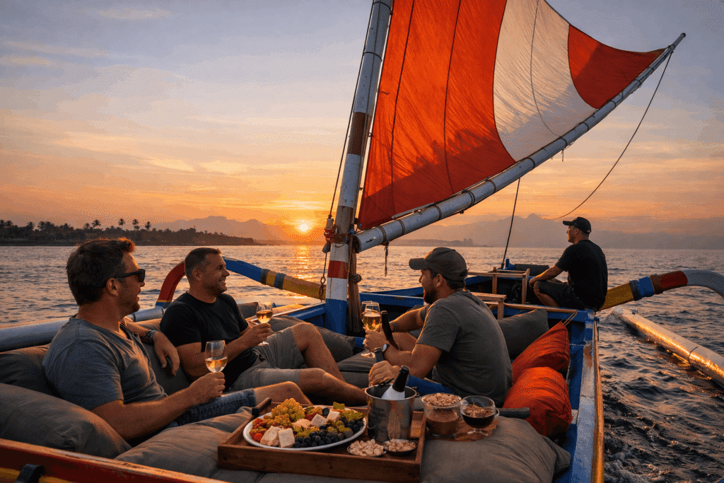 Group of friends enjoying a sunset on a boat, relaxing with drinks and a platter of snacks, featuring a colorful sail and a scenic ocean view.