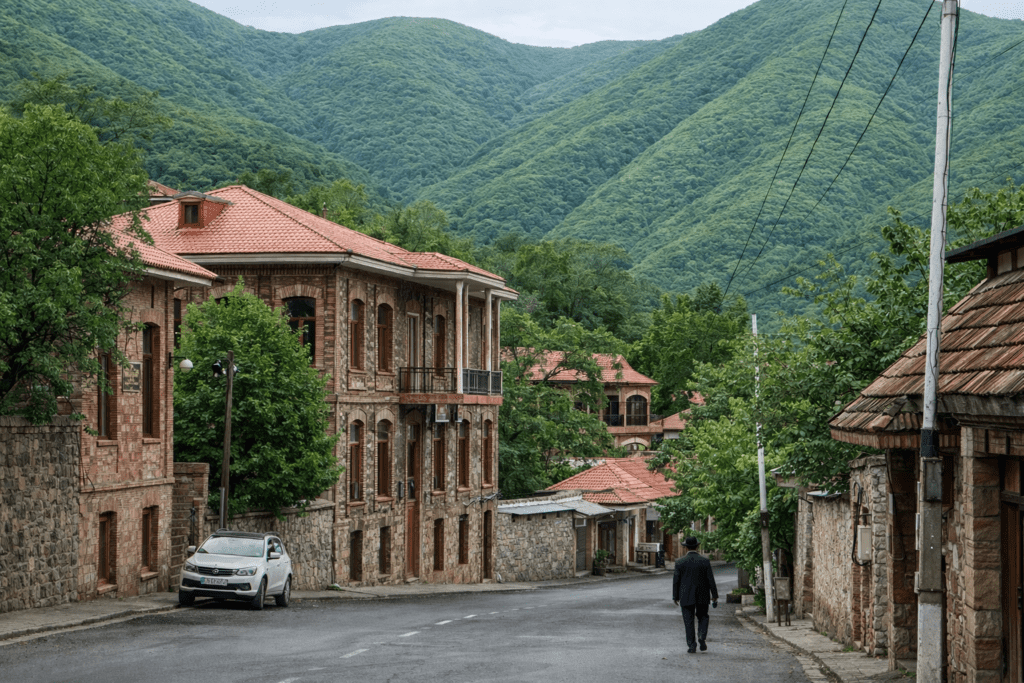 Scenic view of a quiet street in a mountainous village, featuring traditional stone and brick architecture, green hills in the background, and a lone figure walking along the road.