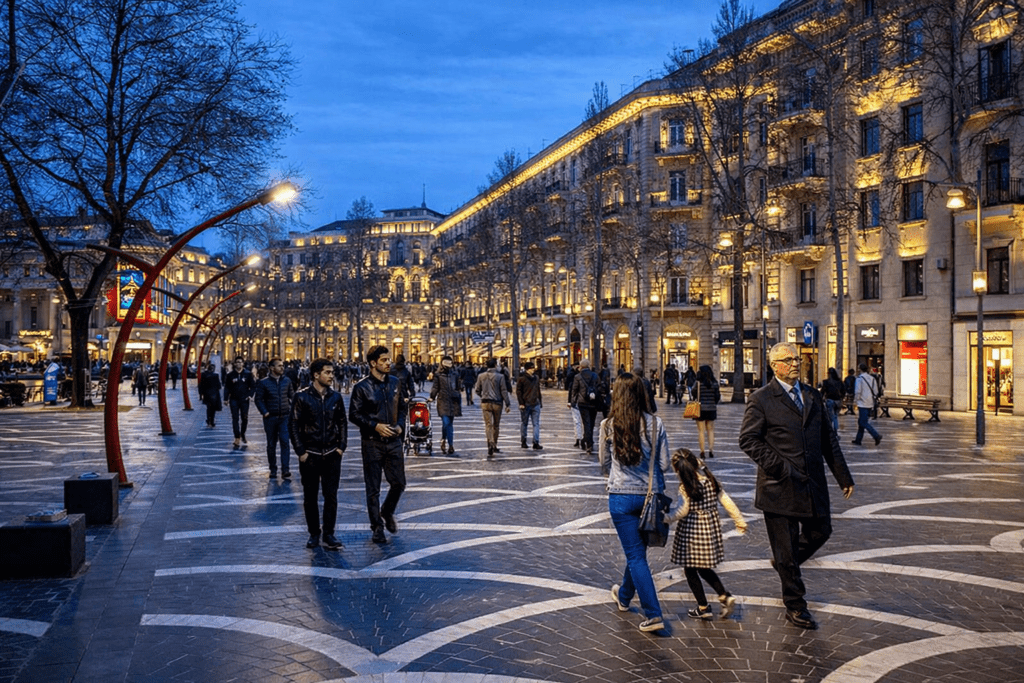Bustling city street at dusk, featuring pedestrians strolling along a beautifully designed walkway, illuminated buildings in the background, and decorative streetlights creating a vibrant urban atmosphere.