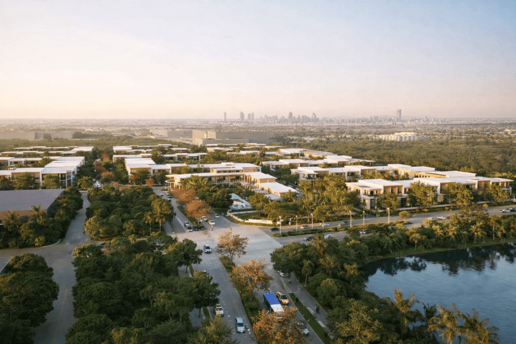 Aerial view of a modern residential community surrounded by lush greenery and a serene lake, with city skyline in the background, showcasing contemporary architecture and landscaped streets.