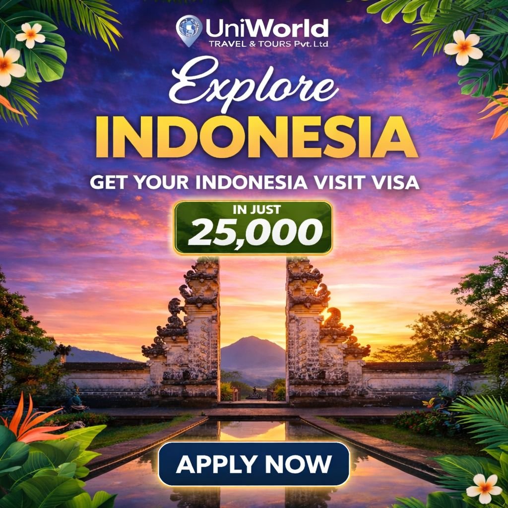 Colorful promotional graphic for UniWorld Travel & Tours, featuring a stunning sunset view of a traditional Indonesian temple gate. The text highlights an affordable Indonesia visit visa for just 25,000, encouraging viewers to apply now. Lush tropical foliage frames the image, enhancing the travel appeal.