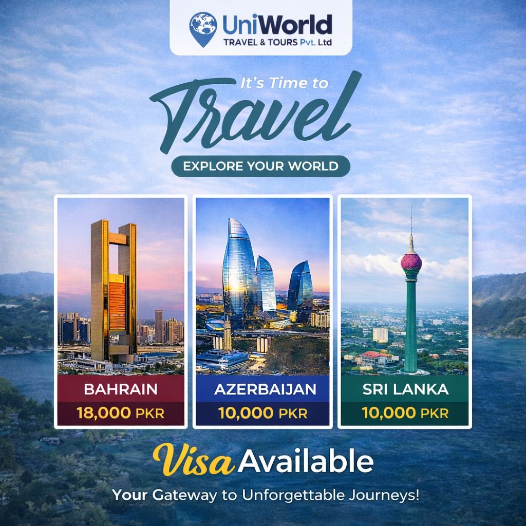 Promotional graphic for UniWorld Travel & Tours showcasing travel destinations: Bahrain, Azerbaijan, and Sri Lanka with prices in PKR. Highlights visa availability for travelers, encouraging exploration of these international locations.