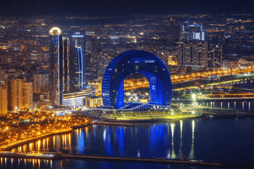 Aerial view of a vibrant city skyline at night featuring illuminated skyscrapers, including a distinctive blue arch-shaped building, reflecting in the water below. The scene showcases the bustling urban landscape with lights twinkling across the horizon.