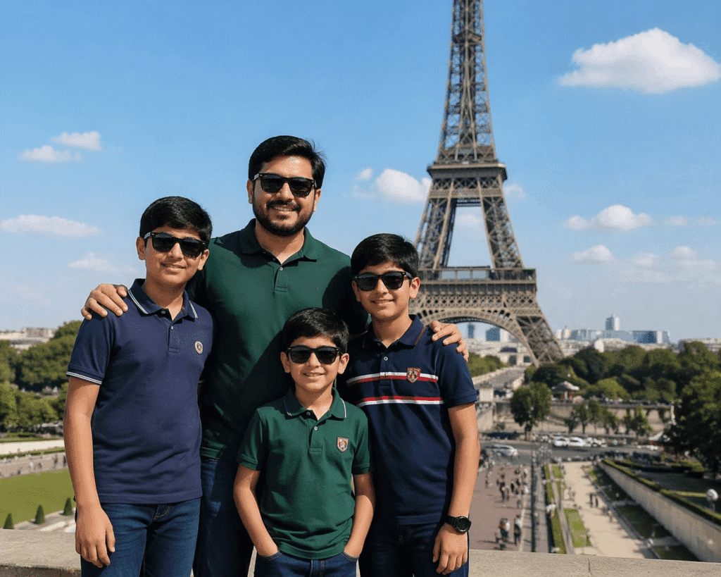 Family portrait in front of the Eiffel Tower, featuring a father and three sons, all wearing sunglasses and casual polo shirts, enjoying a sunny day in Paris.