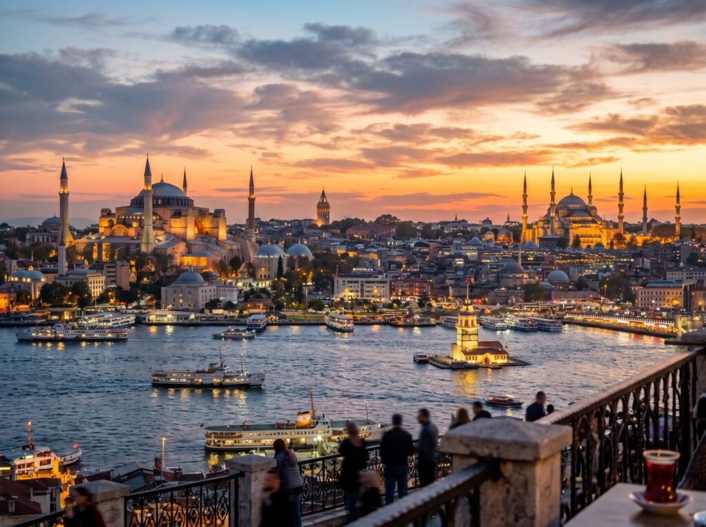 Istanbul skyline at sunset featuring the Hagia Sophia and the Blue Mosque, with boats on the Bosphorus and people enjoying the view from a terrace.