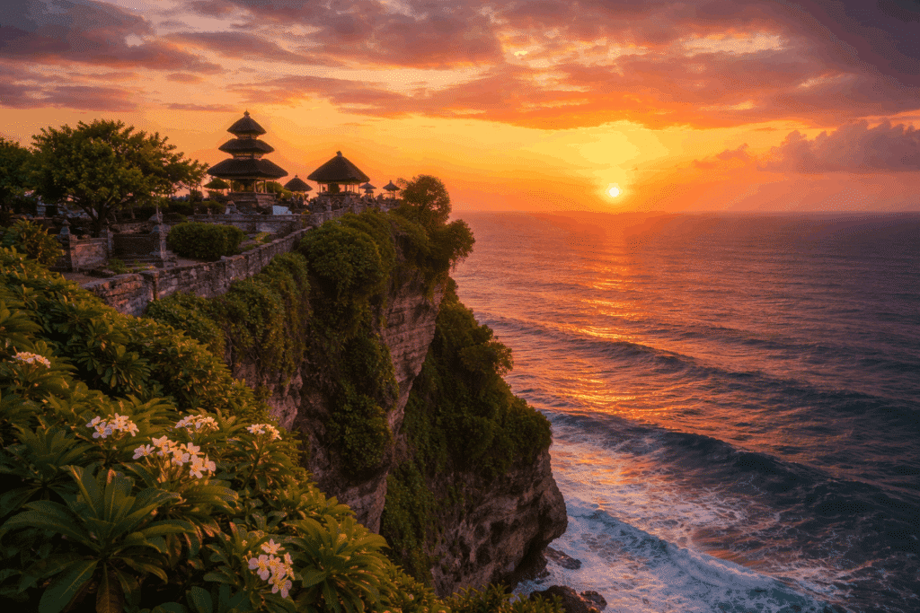 Sunset view from Uluwatu Temple in Bali, showcasing traditional Balinese architecture, lush greenery, and the ocean waves reflecting golden hues in the sky.