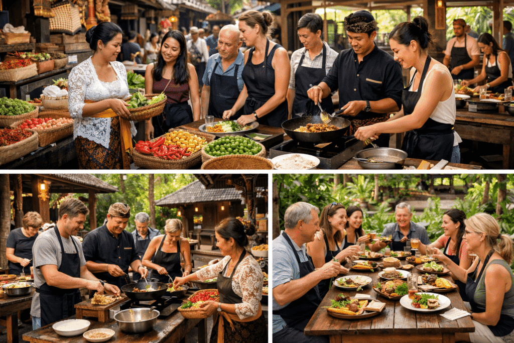 Group of people enjoying a cooking class outdoors, engaged in preparing traditional dishes with fresh ingredients, including vibrant fruits and vegetables. The scene captures participants actively cooking in a communal setting, showcasing a blend of culinary skills and cultural exchange, followed by a joyful dining experience with a variety of dishes served at the table.