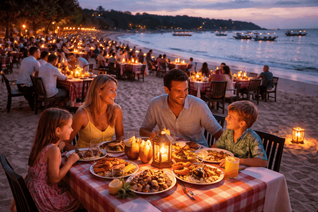 Family enjoying a beachside dinner at sunset with seafood dishes and candlelight ambiance, creating a warm and inviting atmosphere.