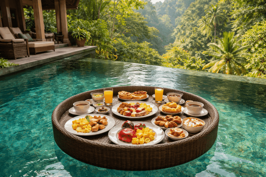 Luxurious floating breakfast spread featuring a variety of dishes including fruits, pastries, and beverages, set against a serene tropical backdrop by a swimming pool. Perfect for a relaxing getaway or vacation dining experience.