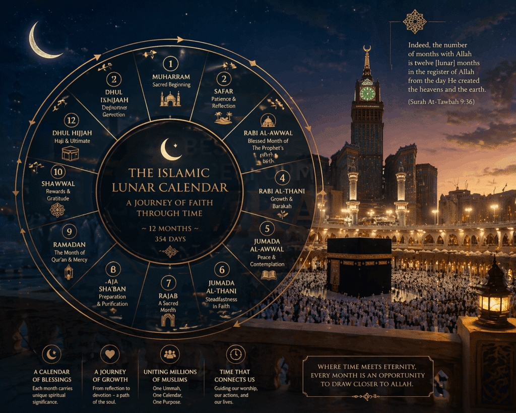 Infographic detailing the Islamic Lunar Calendar, featuring 12 months such as Muharram, Ramadan, and Dhul Hijjah, along with their significance. The design includes a background image of the Kaaba in Mecca, emphasizing themes of faith, reflection, and community in Islam.