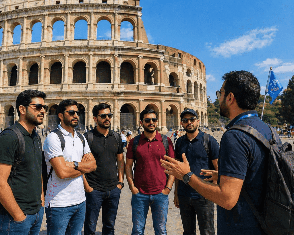Group of six tourists wearing sunglasses and casual clothing, gathered in front of the Colosseum in Rome, listening to a guide who is explaining the historical significance of the landmark under a clear blue sky.