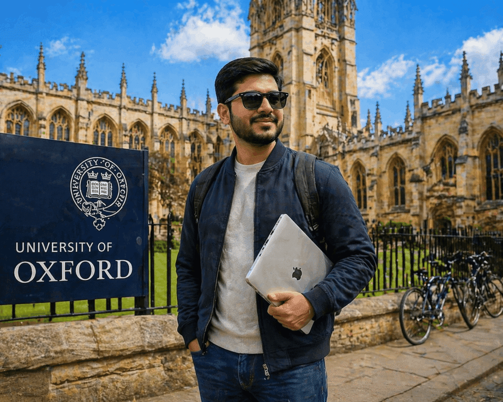 Student standing in front of the University of Oxford sign, holding a laptop, with historic university buildings and blue sky in the background.