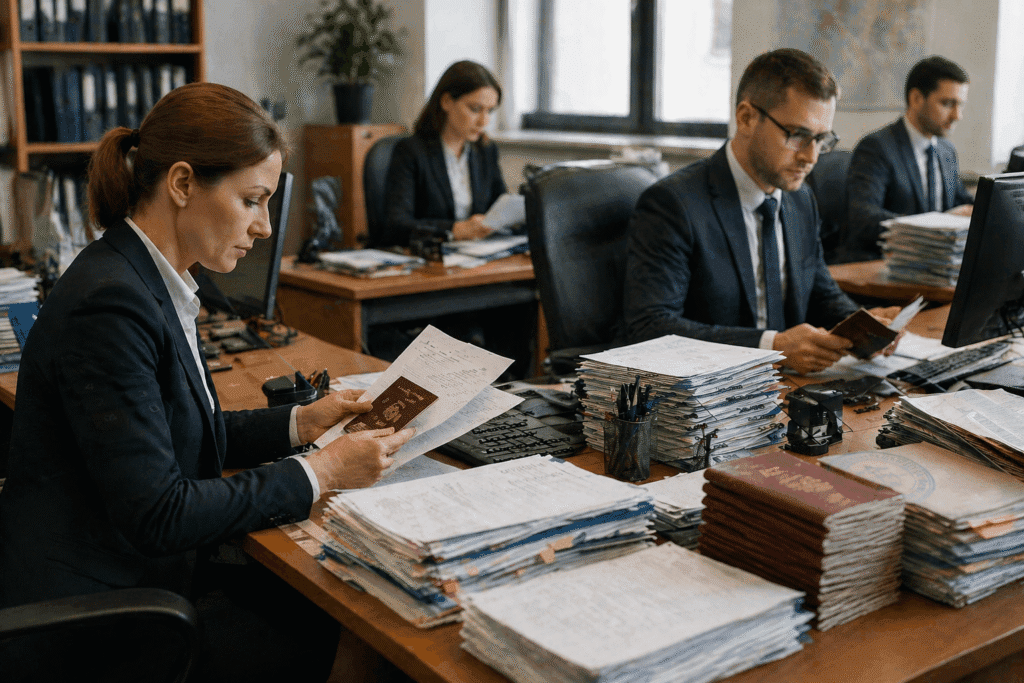 Office setting with professionals in business attire reviewing documents and passports at desks cluttered with paperwork and office supplies, highlighting a busy work environment focused on administrative tasks.
