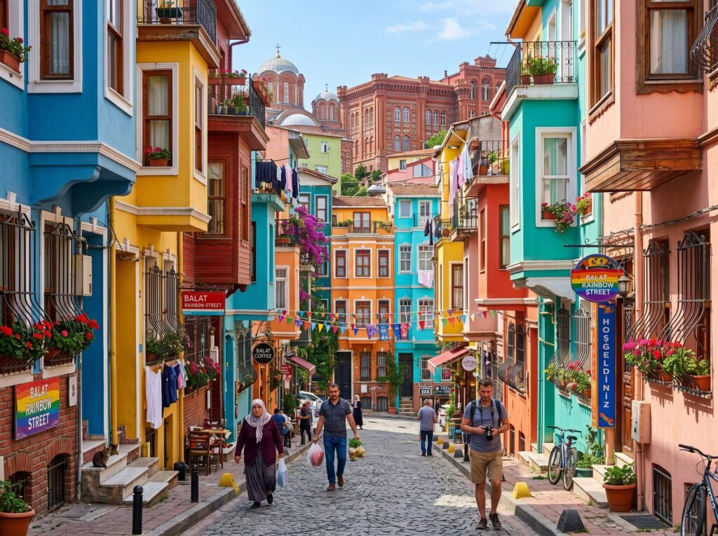 Colorful street in Balat, Istanbul, featuring vibrant houses, blooming flowers, and cobblestone paths, with pedestrians enjoying the lively atmosphere.