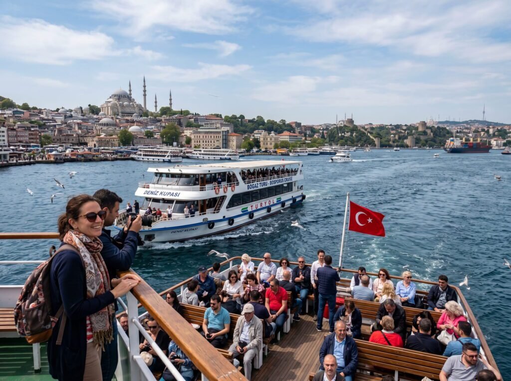 Tourists enjoying a Bosphorus cruise in Istanbul, with a scenic view of the city skyline featuring historic buildings and a mosque in the background. The boat, named "Deniz Kupası," is passing by as passengers relax and take photos. A Turkish flag is prominently displayed on the boat.