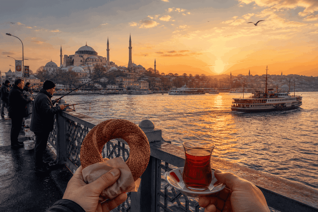 A scenic view of Istanbul at sunset featuring a hand holding a sesame bagel (simit) and a glass of Turkish tea, with fishermen along the waterfront and the iconic Hagia Sophia in the background.