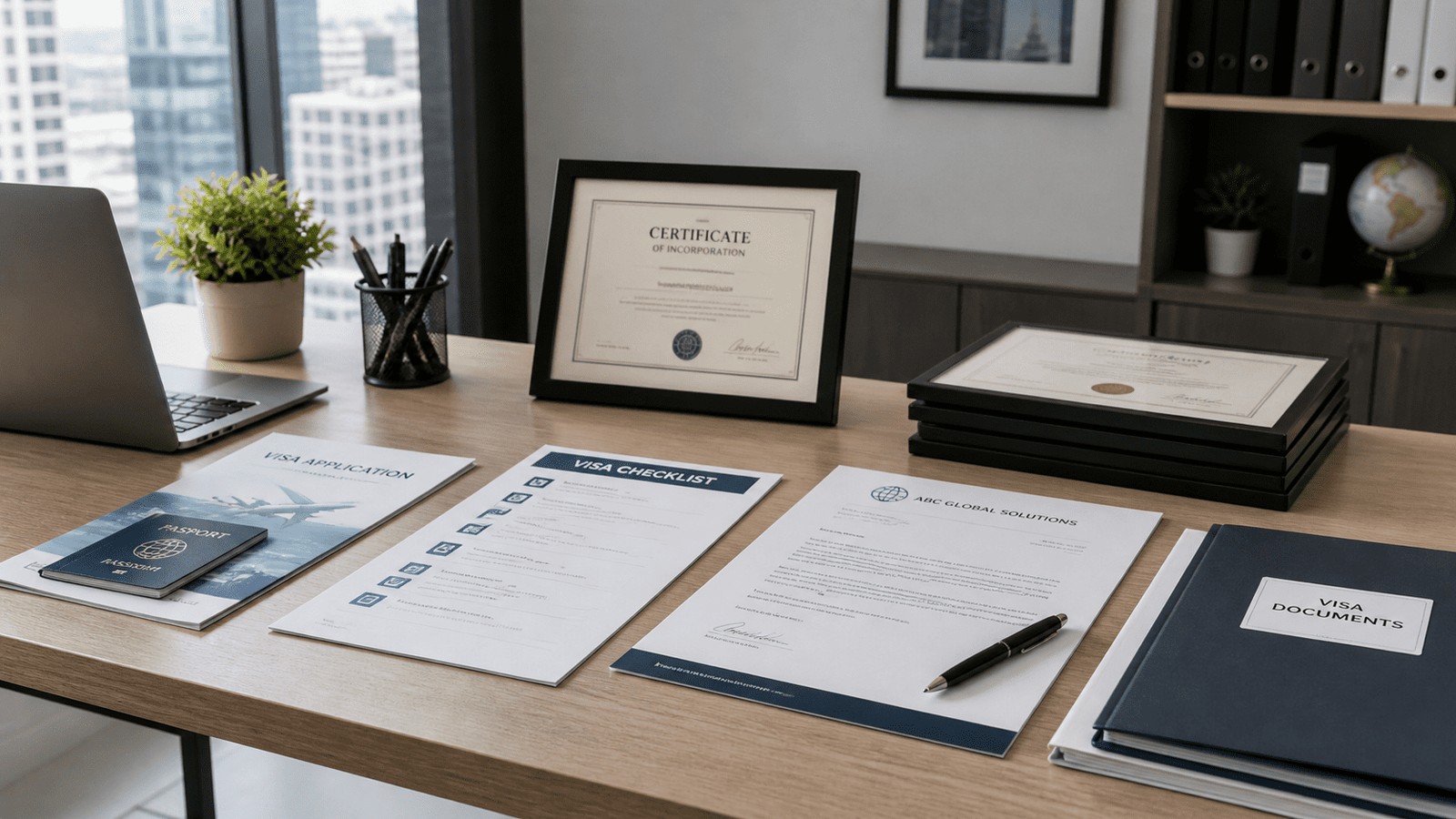 Office desk with a laptop, visa application documents, a passport, a visa checklist, and a certificate of incorporation. Organized workspace showcasing professional materials related to visa processing and global solutions.