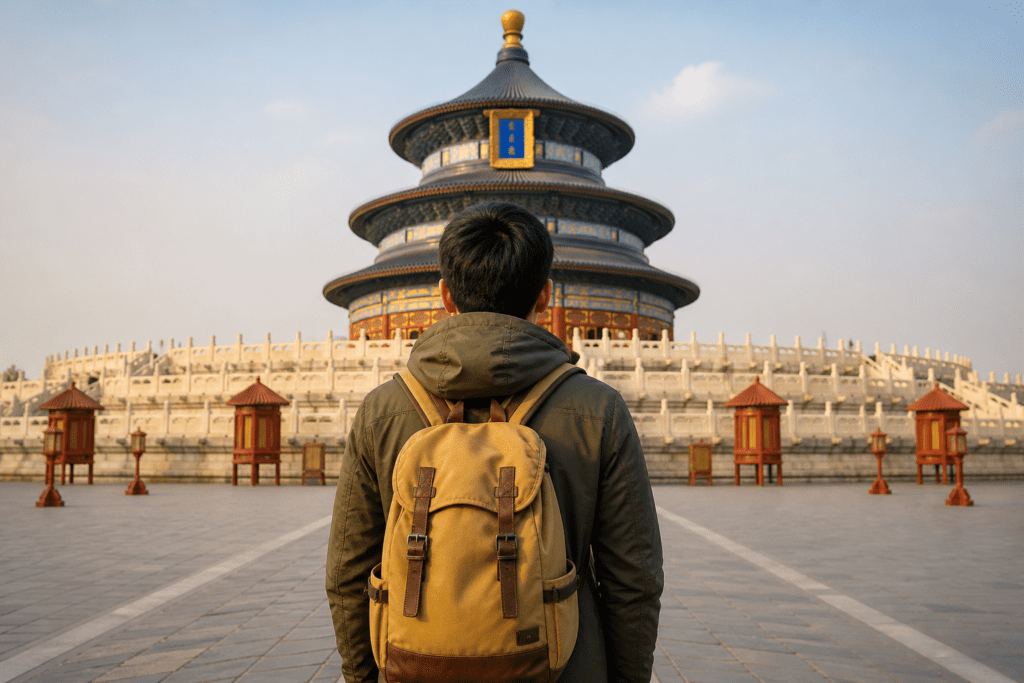 Person standing in front of the Temple of Heaven in Beijing, China, wearing a green jacket and a tan backpack, with traditional architecture and blue sky in the background.