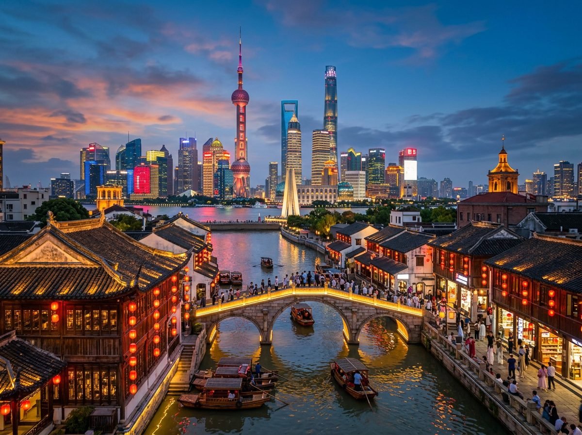 Panoramic view of Shanghai's skyline at dusk, featuring the iconic Oriental Pearl Tower and modern skyscrapers alongside traditional waterfront architecture and a bustling river bridge illuminated with lanterns.