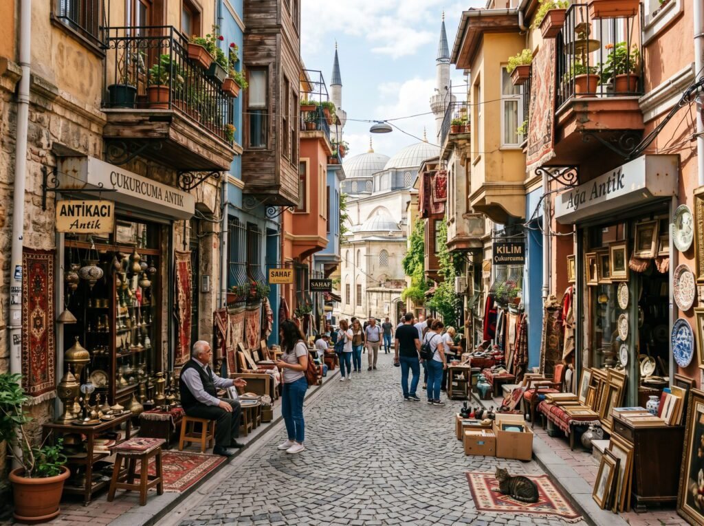 Charming cobblestone street in Istanbul's antique district, featuring shops selling vintage items, carpets, and decorative antiques, with people exploring and a historic mosque visible in the background.